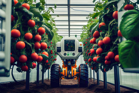 Robot farming harvesting agricultural products in research center. Innovative futuristics technology and 5G smart farming concept. Generative AIの素材
