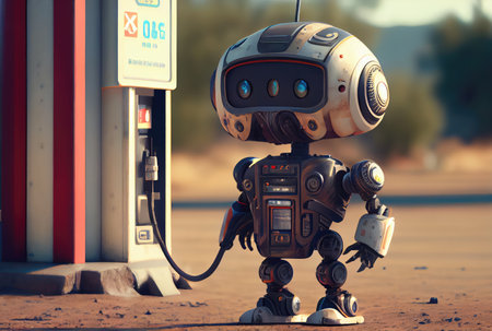 Cute gas station attendant service robot waiting customer for filling the car fuel. Innovative technology and Occupation concept. Generative AIの素材