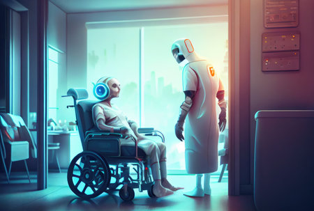 Nursing care robots take care of elderly patients in hospitals. Medical technology and healthcare concept. Generative AIの素材