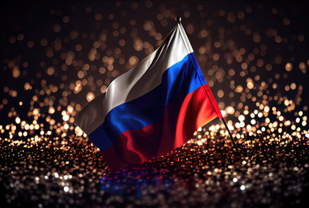 Russia flag with colorful shiny bokeh light background. Nation flag in the dark with illumination light. National day concept. Generative AIの素材