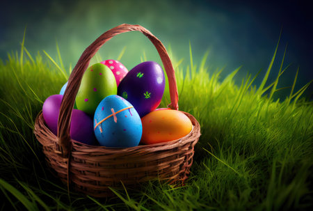Painted Easter eggs in the basket at meadow grass field background. Holiday and festival concept. Generative AIの素材
