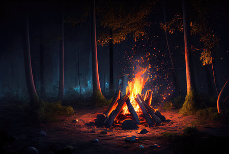 Campfire in the dark forest. Camping and Leisure hobbies activities concept. Generative AIの素材