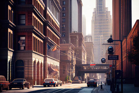 Beautiful cityscape view with sunlight in the sunset background. Downtown and tourism concept. Generative AIの素材