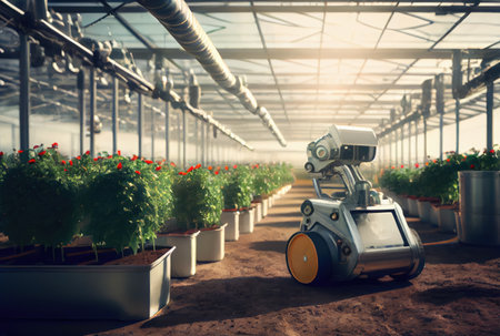 Robot farming harvesting agricultural products in research center. Innovative futuristics technology and 5G smart farming concept. Generative AIの素材