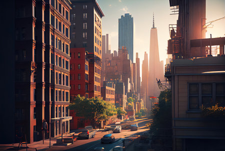 Beautiful cityscape view with sunlight in the sunset background. Downtown and tourism concept. Generative AIの素材