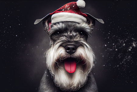 Happy Schnauzer dog in Santa Claus costume and shiny bokeh background. Animal and Holiday concept. Generative AIの素材