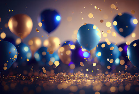 Blue and gold balloons for New Year party celebration with confetti background. Generative AIの素材