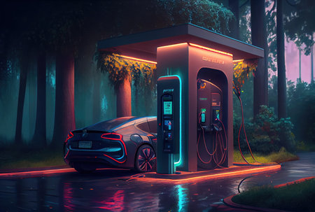 Countryside EV charging station background. Business and power concept. Generative AIの素材