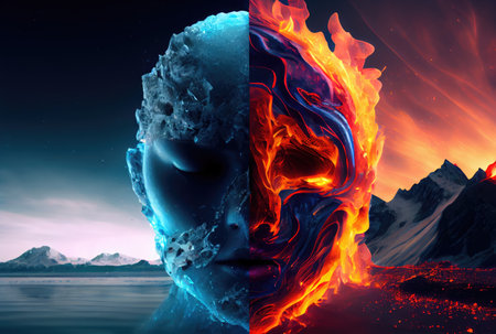 Half fire and half ice human face mask with the sky and mountain background. Metaphor and conflict concept. Generative AIの素材