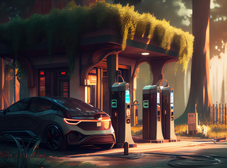 Countryside EV charging station background. Business and power concept. Generative AIの素材