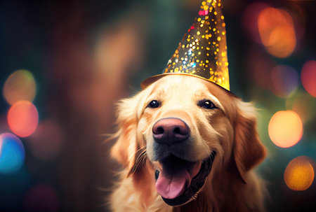 Closeup of portrait happy Golden Retriever dog wearing party hat for celebration with bokeh background. Animal and pet concept. Generative AIの素材