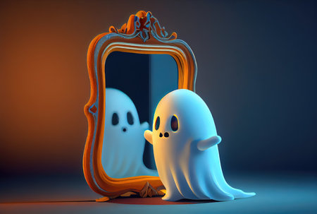 Cute spooky fabric ghost looking into the reflection mirror in Halloween party background. Funny character art concept. and Generative AIの素材