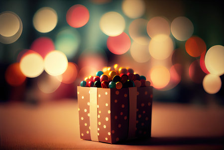 Celebrate gift box on the table with defocused bokeh light background. New year event and Christmas celebration concept. Generative AIの素材