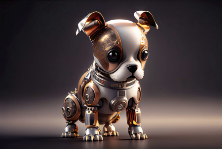 Robot dog with metallic body on the minimal background. Pet toy technology and Kids accessories concept. Generative AIの素材
