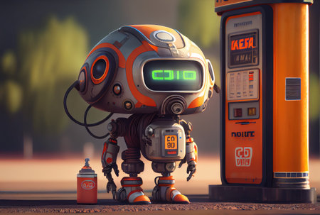 Cute gas station attendant service robot waiting customer for filling the car fuel. Innovative technology and Occupation concept. Generative AIの素材