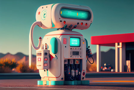 Cute gas station attendant service robot waiting customer for filling the car fuel. Innovative technology and Occupation concept. Generative AIの素材