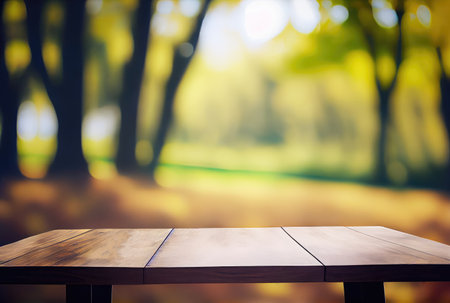 Empty table with blurry green natural park garden or backyard background. Nature and outdoor concept. Generative AIの素材