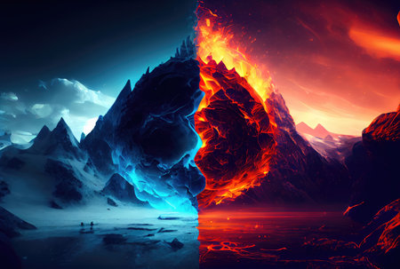 Half fire and half ice mountains with the sky background. Metaphor and conflict concept. Generative AIの素材