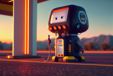 Cute gas station attendant service robot waiting customer for filling the car fuel. Innovative technology and Occupation concept. Generative AIの素材