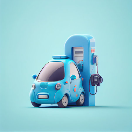Cute 3D blue EV car with Electric charging station charger on isolated background. Clean energy technology and transportation concept. Generative AIの素材