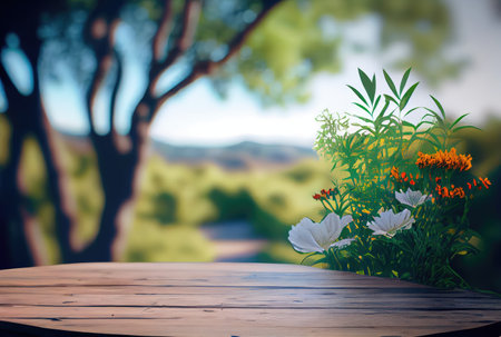 Empty table with blurry green natural park garden or backyard background. Nature and outdoor concept. Generative AIの素材