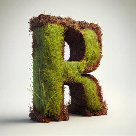 Letter R with grassy and soil ground on the alphabet on white background. Nature and Typography concept. Generative AIの素材