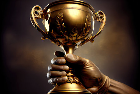 Hands holding golden trophy cup on dark background. Business and sport successful concept. Generative AIの素材