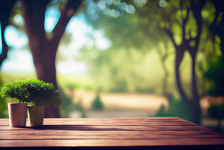 Empty table with blurry green natural park garden or backyard background. Nature and outdoor concept. Generative AIの素材