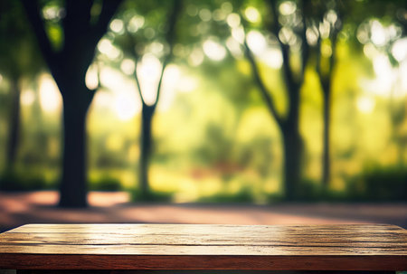 Empty table with blurry green natural park garden or backyard background. Nature and outdoor concept. Generative AIの素材