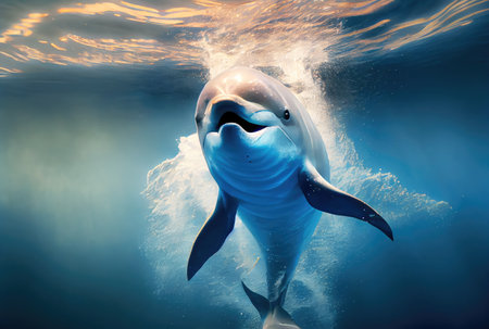 Happy dolphin swimming in the aquarium or sea background. Marine life and animal concept. Digital art illustration. Generative AIの素材