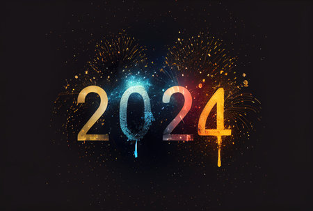 2024 New Year celebration with colorful fireworks on dark background. Happy New Year the year of Dragon and Greeting card concept. Generative AIの素材