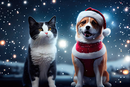 Happy Cat and Dog in Santa Claus costume with bokeh light and snowflakes background. Animal and Christmas day concept. Generative AIの素材