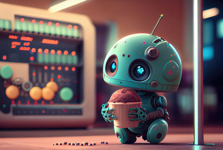 Cute robot eating food in the restaurant background. Technology and food concept. Generative AIの素材