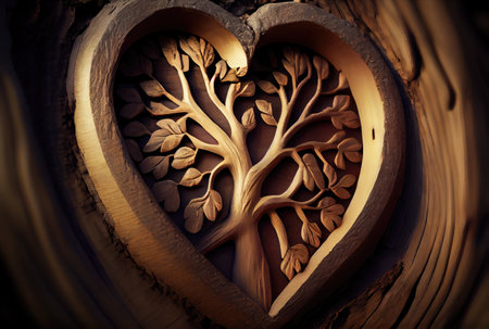 Heart shape carved on the tree background. Beauty in nature and Handmade concept. Digital art illustration. Generative AIの素材