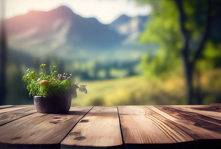 Empty table with blurry green natural park garden or backyard background. Nature and outdoor concept. Generative AIの素材