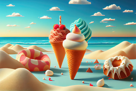 Ice cream cone with sweet toppings on beach sea and blue sky in summer background. Summer food and fun concept. Digital art illustration theme. Generative AIの素材