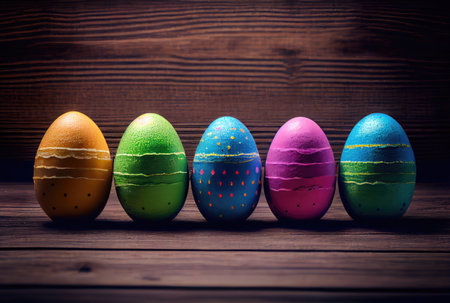 Painted Easter eggs on wooden planks background. Holiday and festival concept. Generative AIの素材