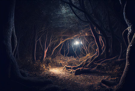 Dark spooky enchanted forest with glowing light on the path background. Halloween and Fairytale concept. Generative AIの素材