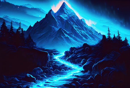 The glowing way to the blue mountain top fantasy illustration background. Business and Success concept. Generative AIの素材