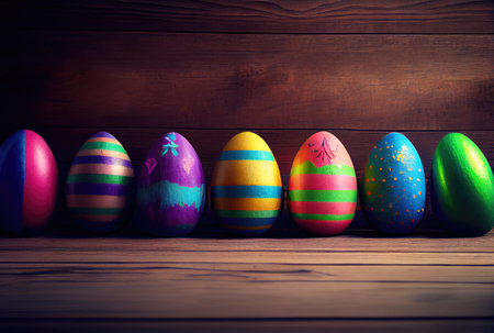 Painted Easter eggs on wooden planks background. Holiday and festival concept. Generative AIの素材