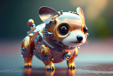 Robot dog with metallic body on the minimal background. Pet toy technology and Kids accessories concept. Generative AIの素材