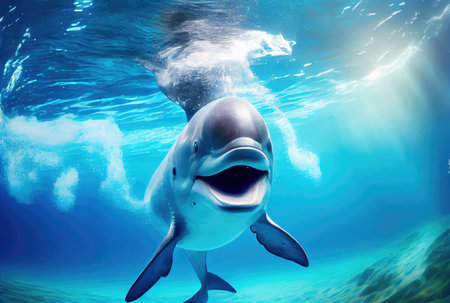 Happy dolphin swimming in the aquarium or sea background. Marine life and animal concept. Digital art illustration. Generative AIの素材