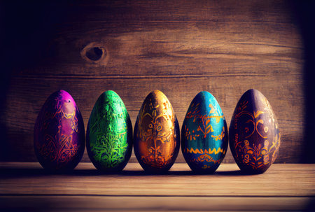 Painted Easter eggs on wooden planks background. Holiday and festival concept. Generative AIの素材