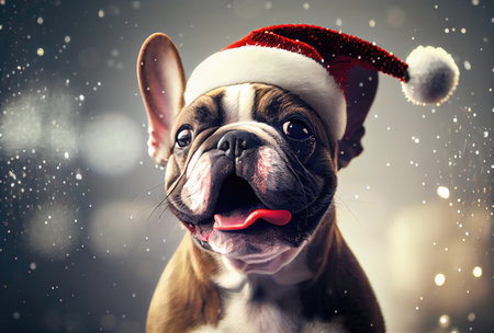 Happy French bulldog dog in Santa Claus costume and shiny bokeh background. Animal and Holiday concept. Generative AIの素材