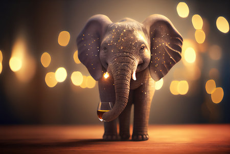 Happy baby elephant holding toasted wine glass in party and golden bokeh light background. Animal and wildlife concept. Digital art illustration. Generative AIの素材
