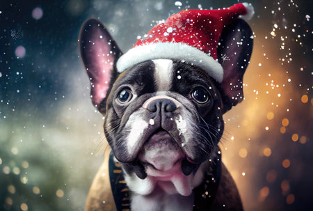 Happy French bulldog dog in Santa Claus costume and shiny bokeh background. Animal and Holiday concept. Generative AIの素材