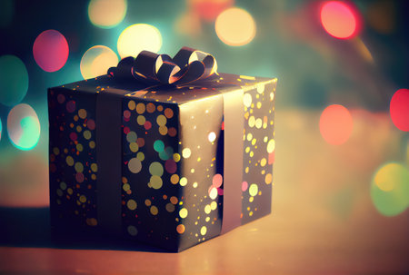 Celebrate gift box on the table with defocused bokeh light background. New year event and Christmas celebration concept. Generative AIの素材