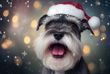 Happy Schnauzer dog in Santa Claus costume and shiny bokeh background. Animal and Holiday concept. Generative AIの素材