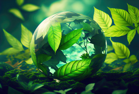 Water drop in earth shape with green leaves in the jungle. World Environment Day and World Water Day concept. Environmental protection theme. Generative AIの素材