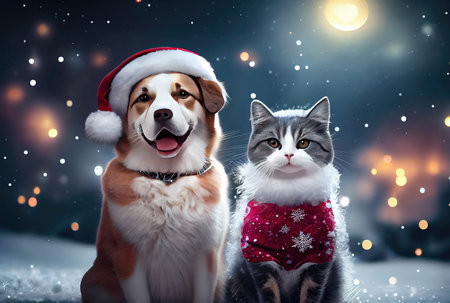 Happy Cat and Dog in Santa Claus costume with bokeh light and snowflakes background. Animal and Christmas day concept. Generative AIの素材